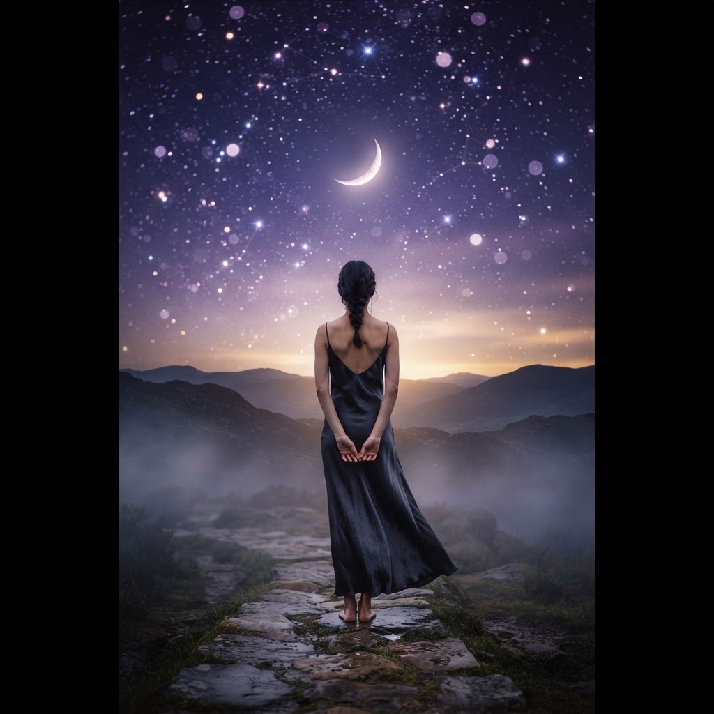 Mulher contemplando um céu estrelado com lua crescente