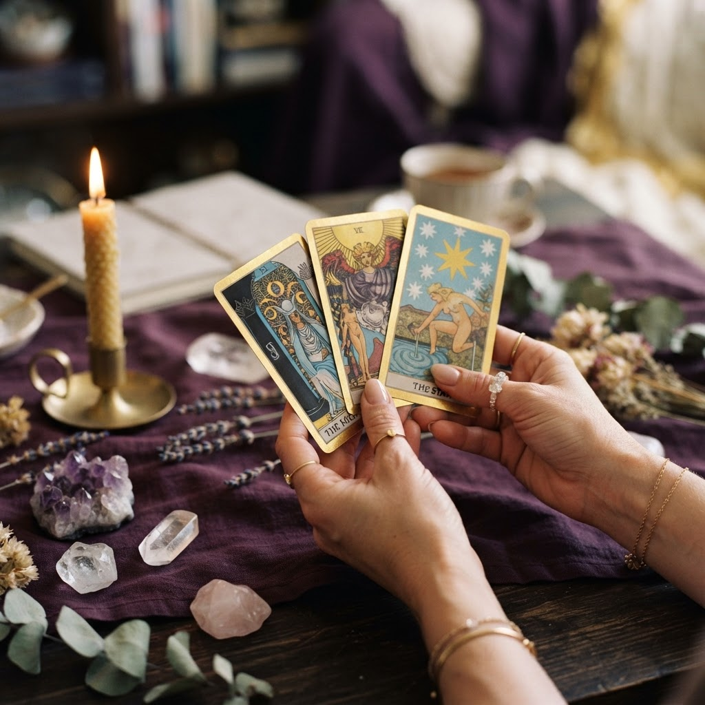 Mãos segurando cartas de tarot com bordas douradas à luz de velas